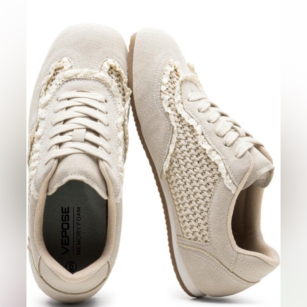 〽️Women Tennis Sneakers Beige Woven Comfort Raffia Lace Low Top Square Toe new